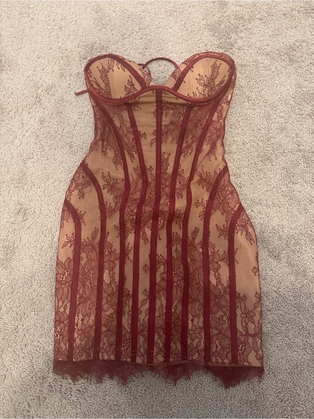 Strapless Burgundy Lace Bodycon Dress - Picture 1 of 3